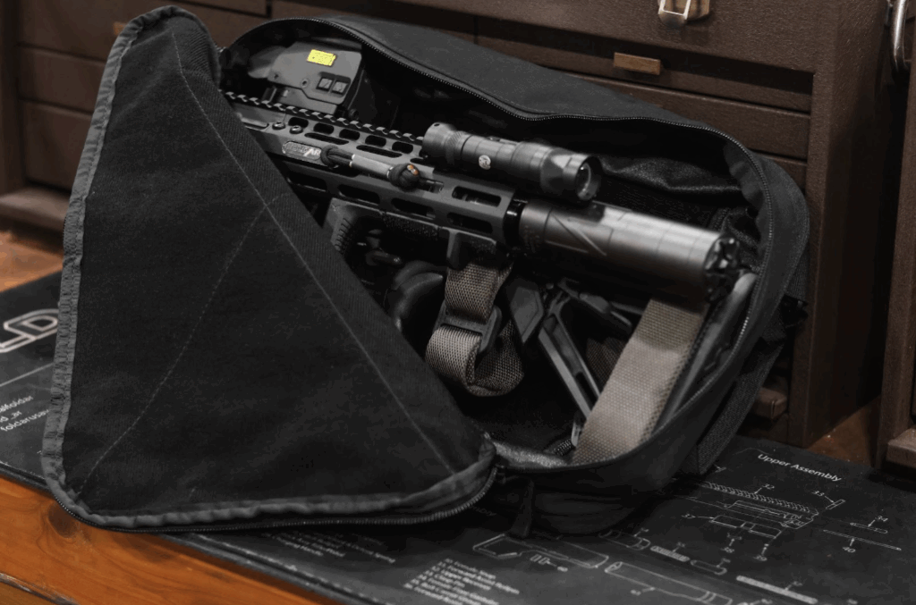 FoldAR rifle concealed inside a backpack